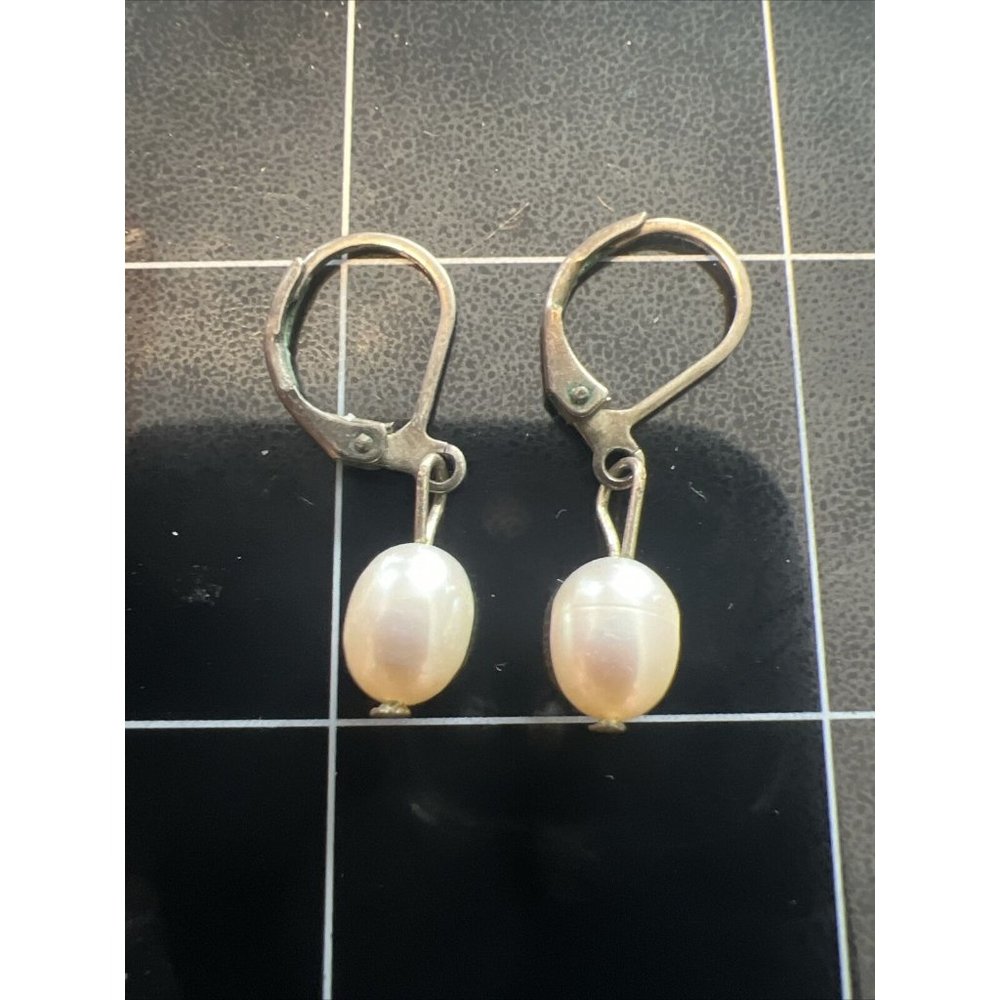 Silvertone Dangle White Bead Earrings